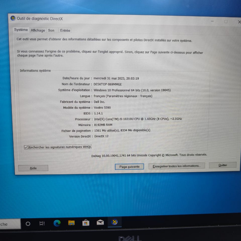 Dell vostro i5 10 em génération, 8g ram ddr4 , 256 SSD