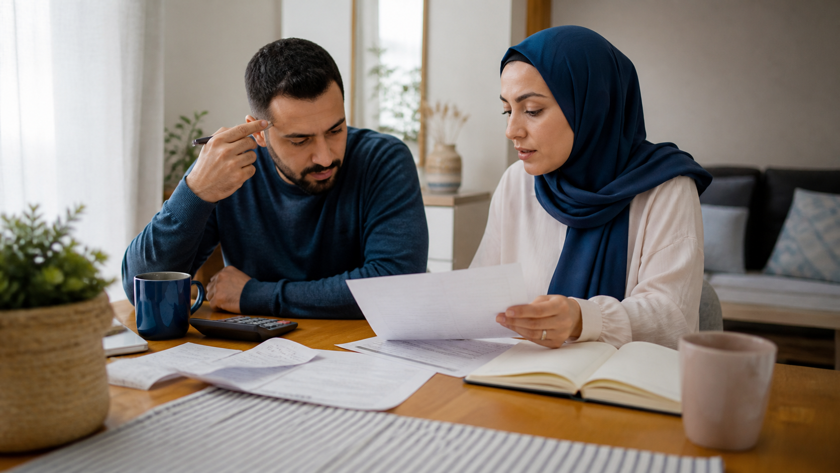 أسرة تراجع أوضاعها المالية وأوراق الميزانية على طاولة المنزل
