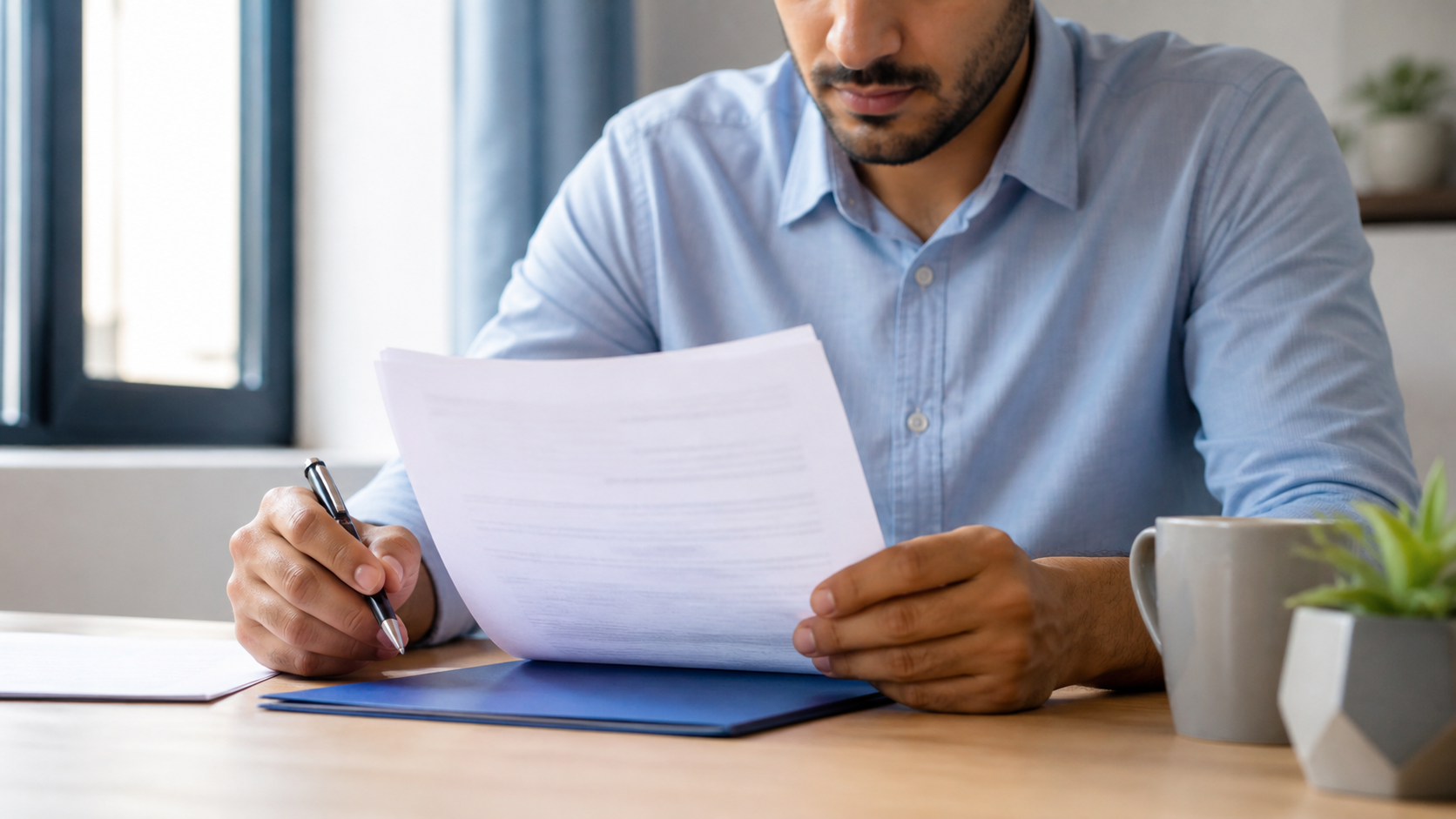 شخص يقرأ أوراق عقد مكتوب على مكتب قبل التوقيع