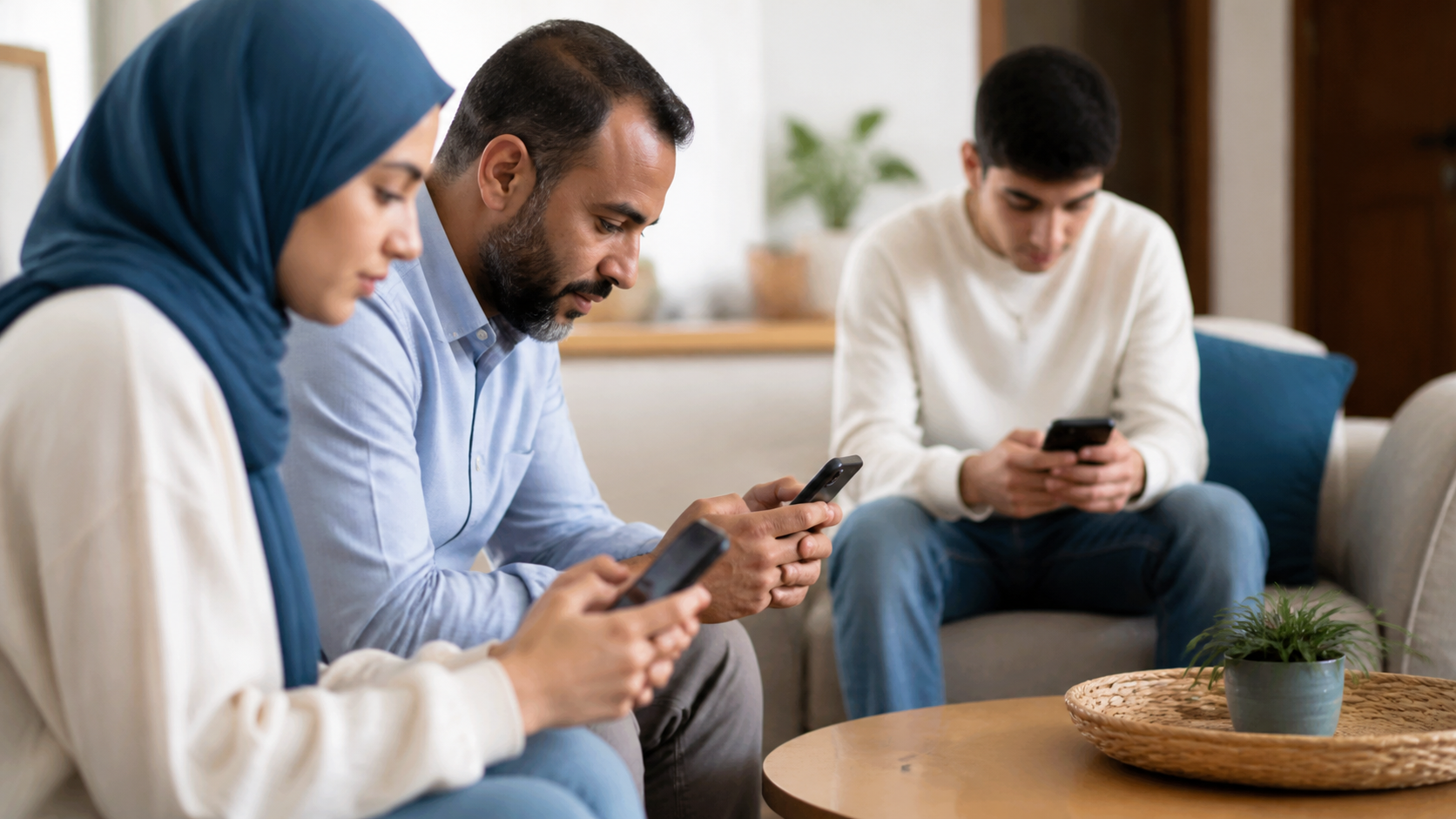 أفراد أسرة يستخدمون هواتفهم الذكية معاً في المنزل