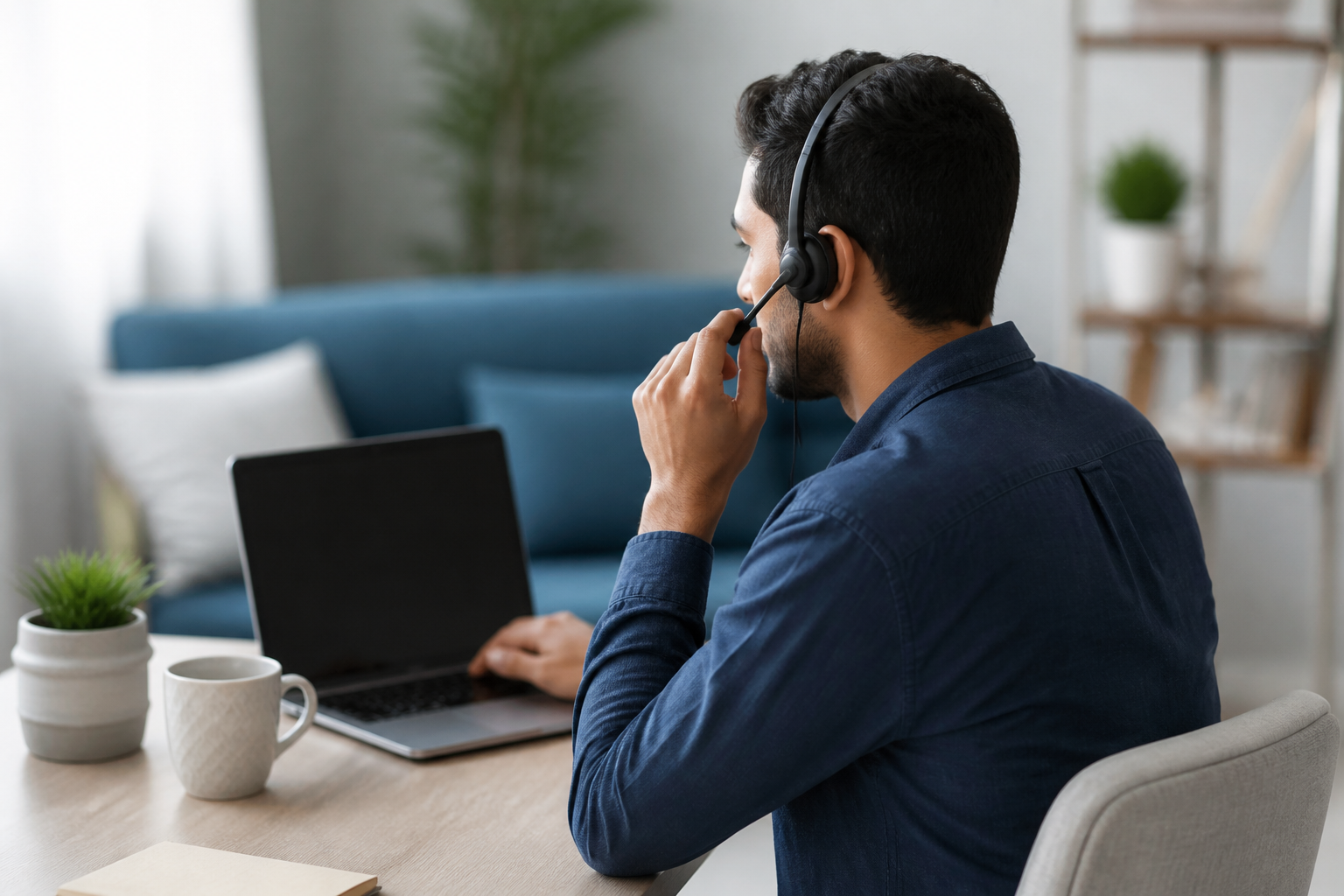 شخص يتواصل مع خدمة الزبائن عبر الهاتف أثناء استخدام الحاسوب