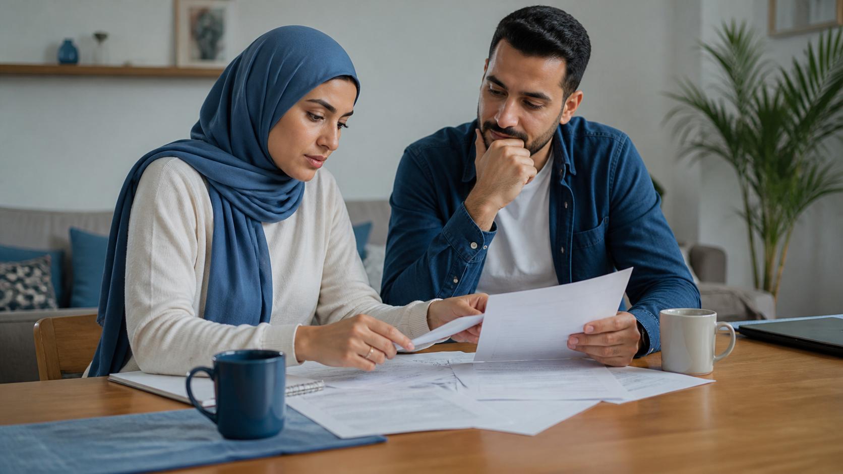 شخصان يراجعان أوراقًا ومستندات مالية على طاولة المنزل
