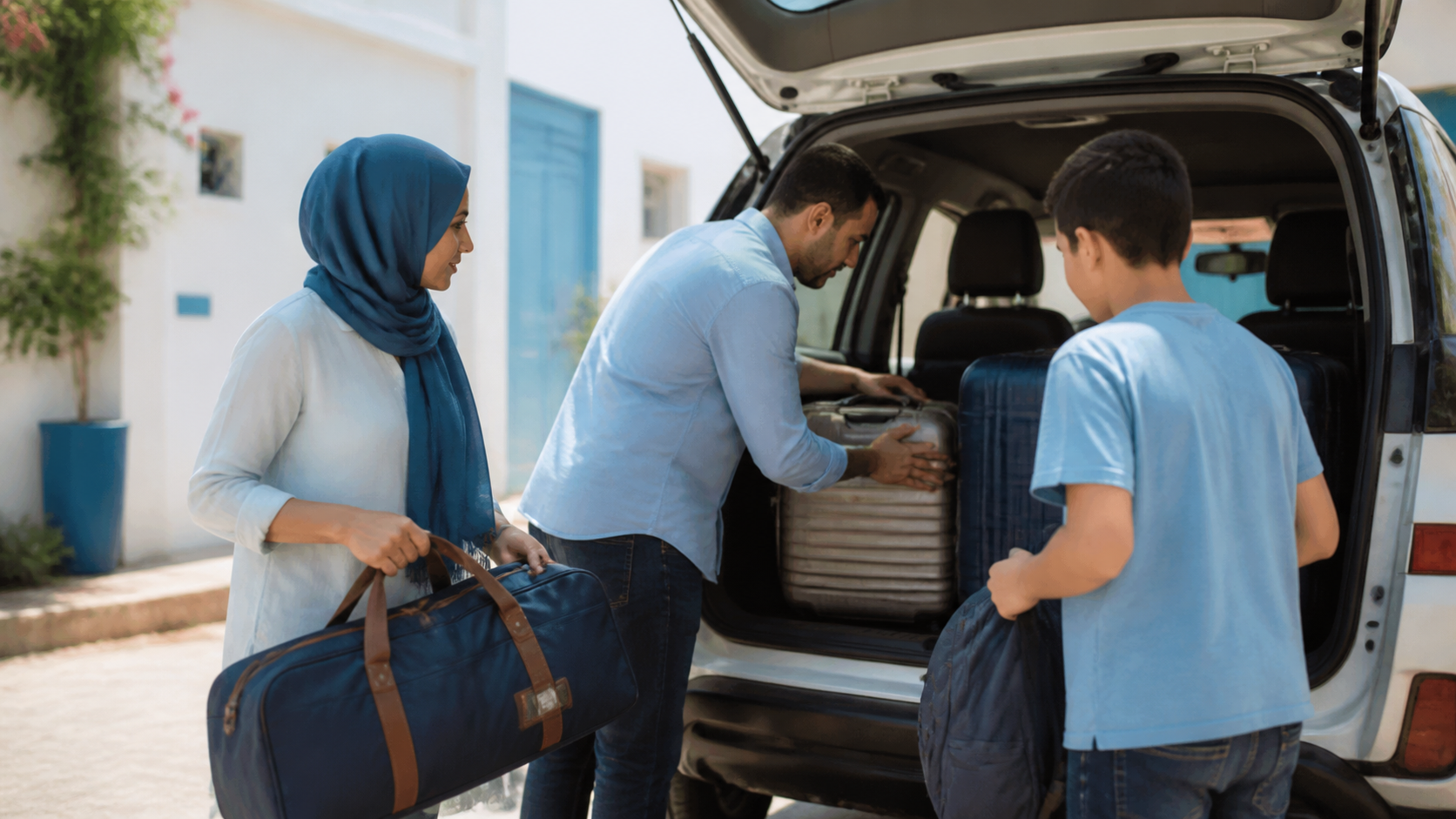 أسرة تجهّز حقائبها وتضعها في السيارة استعدادًا للسفر