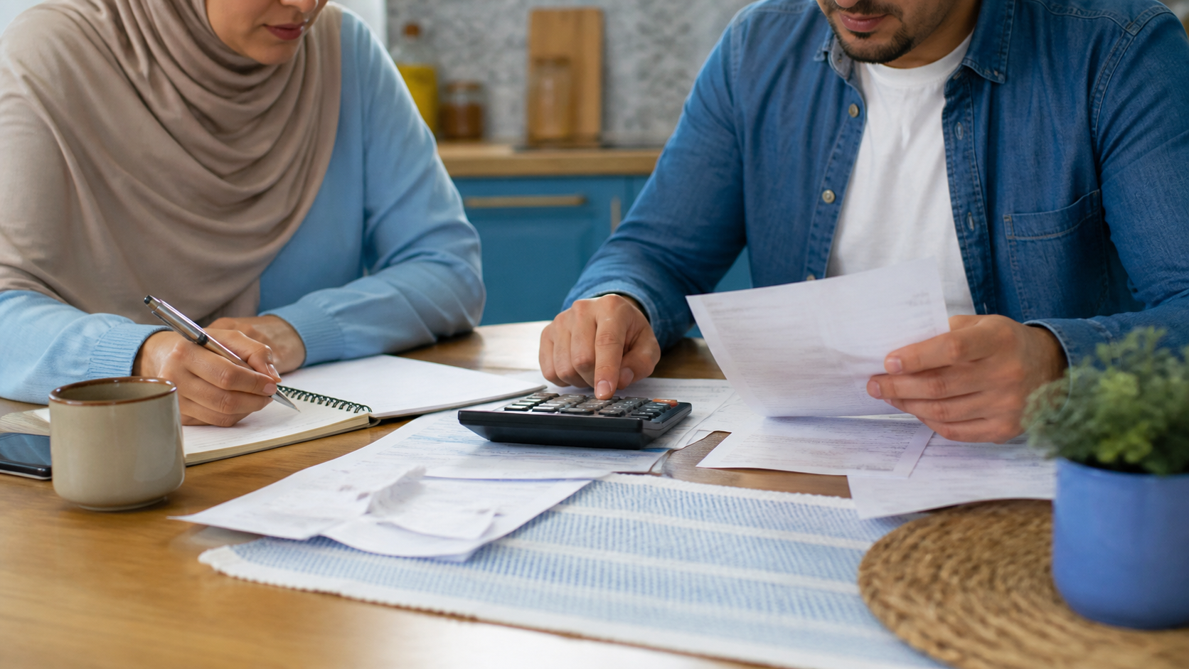 أسرة تراجع فواتيرها الشهرية وتحسب المصاريف على طاولة المطبخ