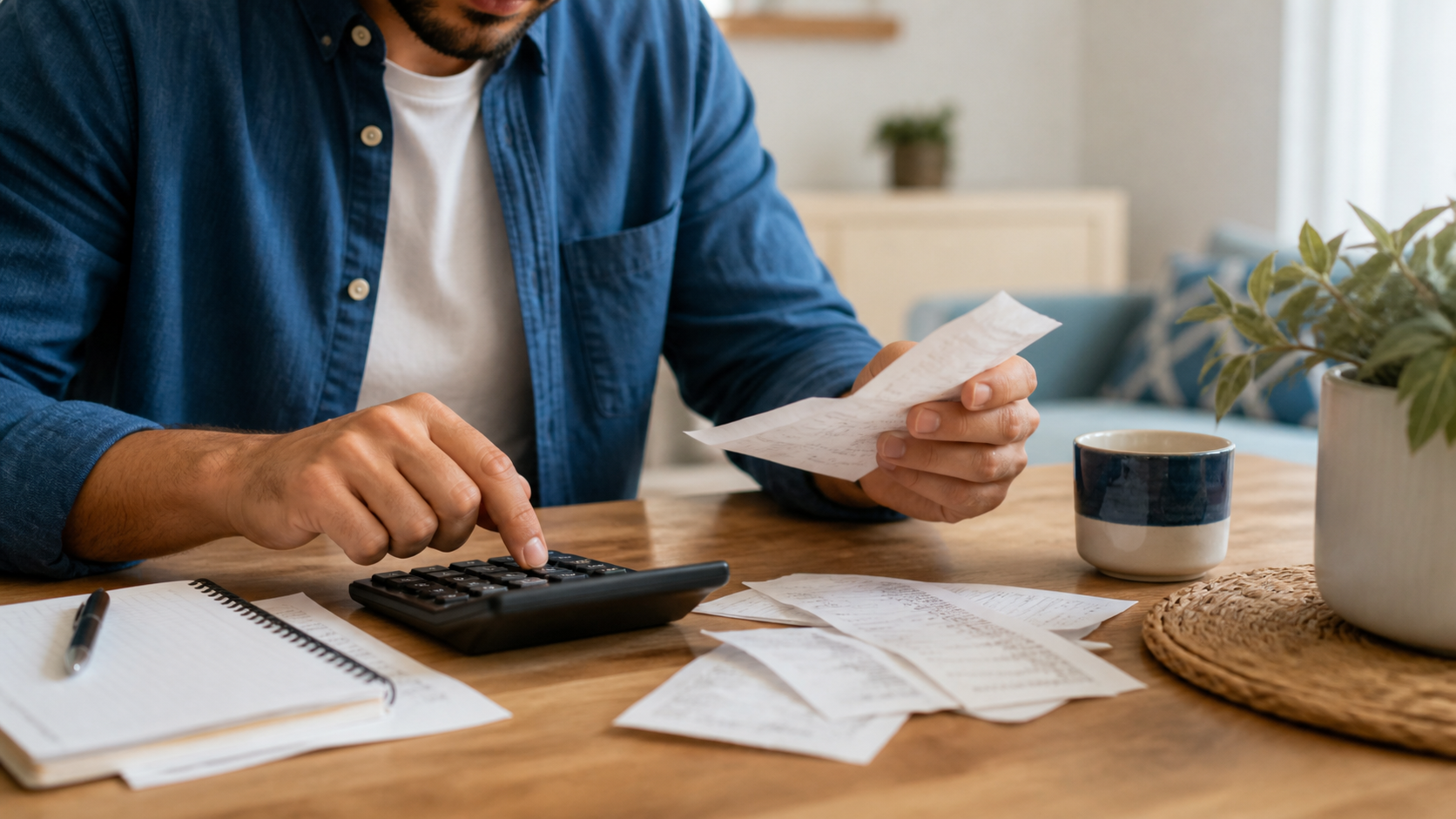 شخص يحسب المصاريف باستخدام آلة حاسبة وأوراق فواتير على الطاولة
