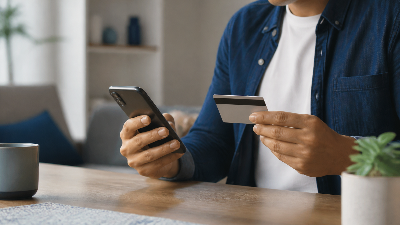 شخص يتحقق من هاتفه ممسكًا ببطاقة بنكية قبل إتمام عملية شراء