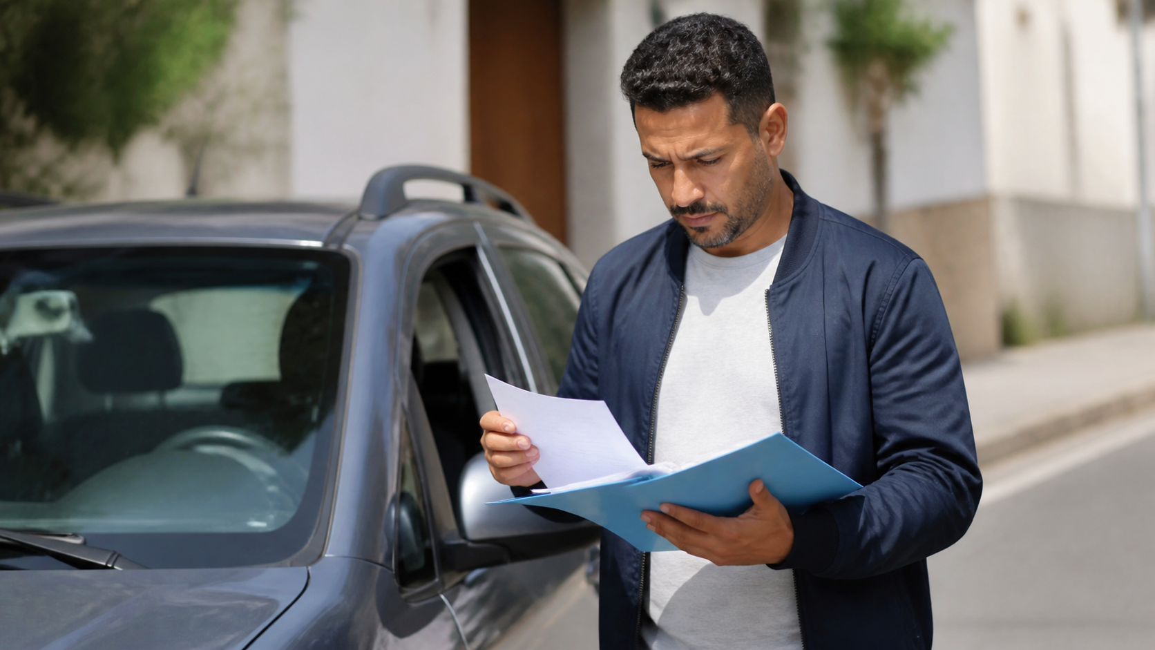 رجل يراجع أوراق ومستندات سيارته بجانب السيارة
