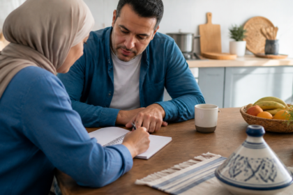 أفراد أسرة يراجعون دفتر المصاريف الشهرية على طاولة المطبخ