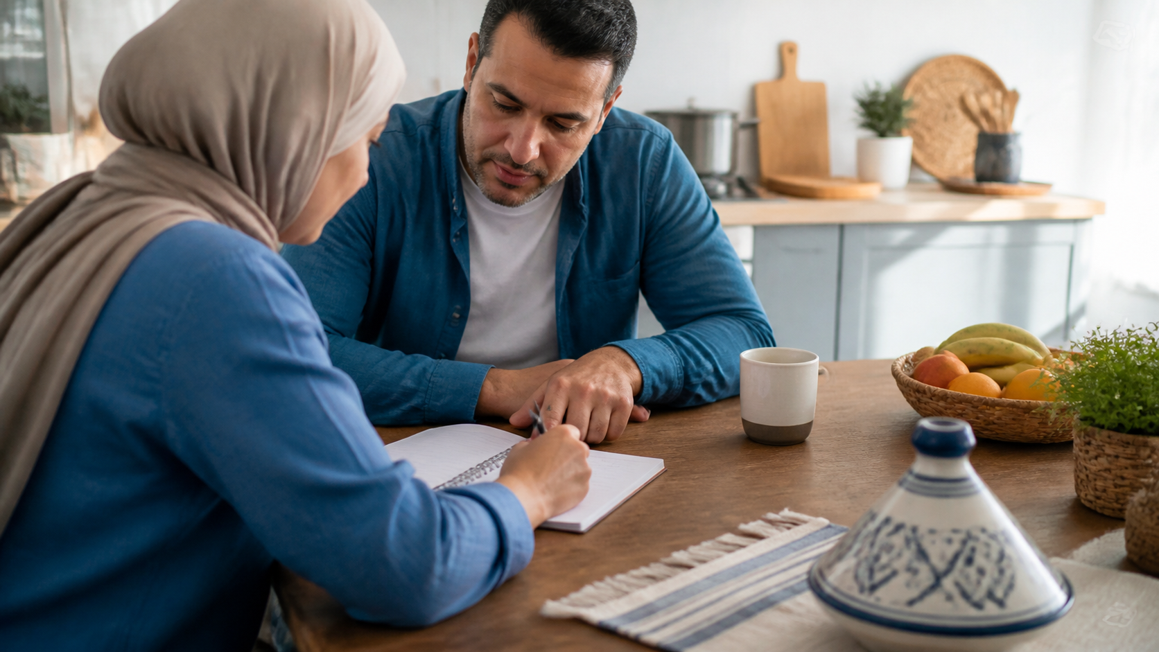 أفراد أسرة يراجعون دفتر المصاريف الشهرية على طاولة المطبخ